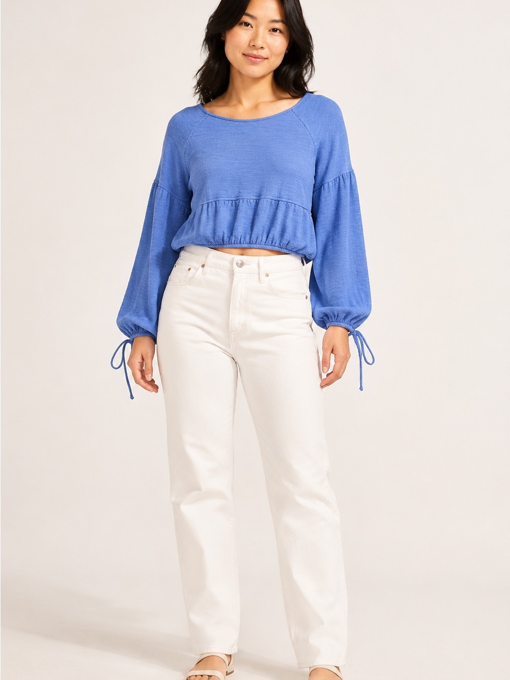 Aerie Blue Textured Cropped Bubble Hem Top XS Petite Oversized